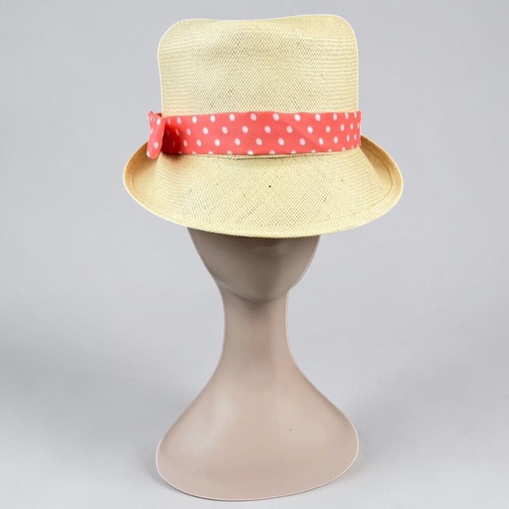 Vintage Natural Straw Fedora Hat Coral White Polka Dot Band 60s Union Made OS